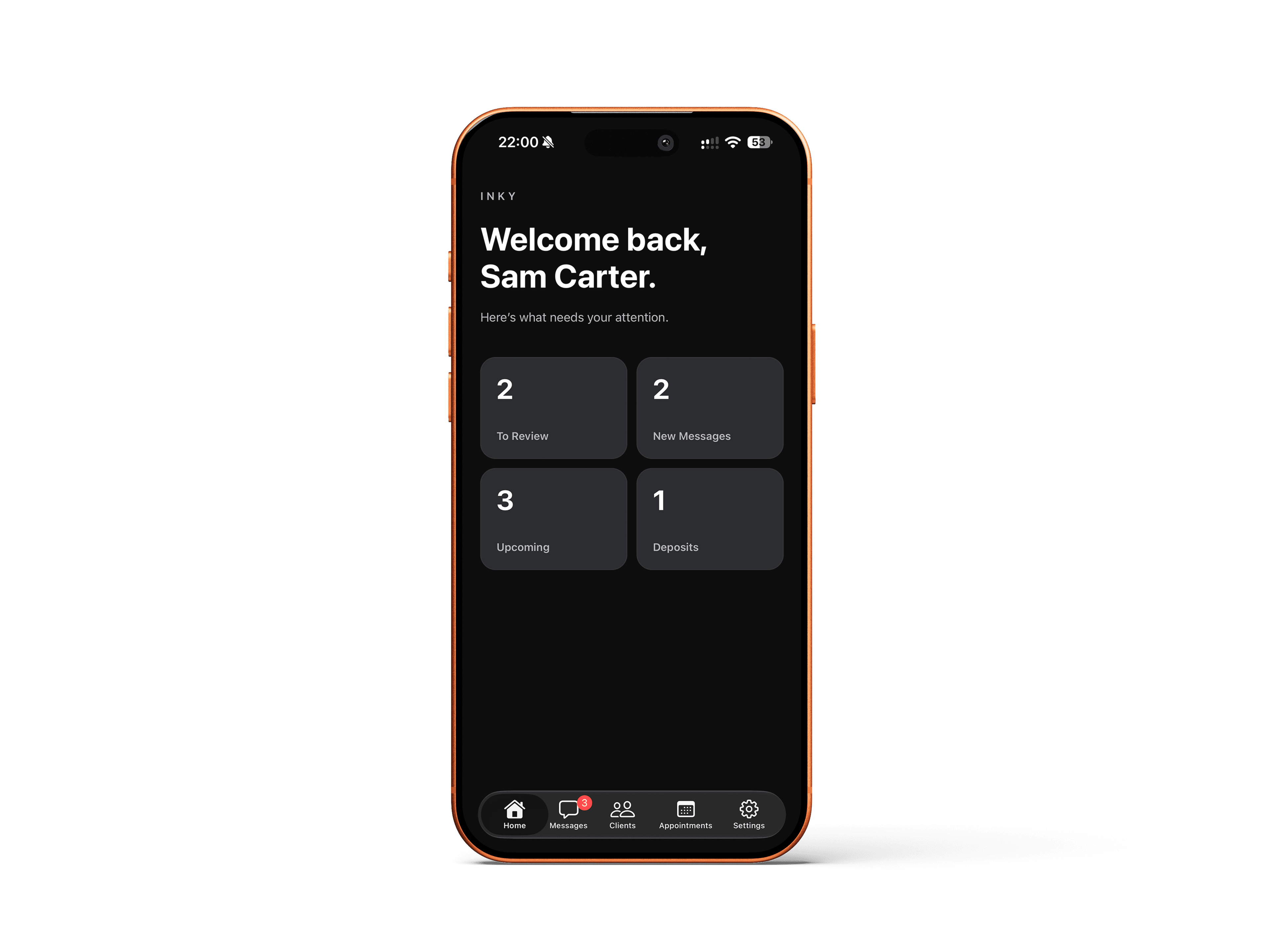 INKY home screen showing enquiries, messages, appointments and deposits